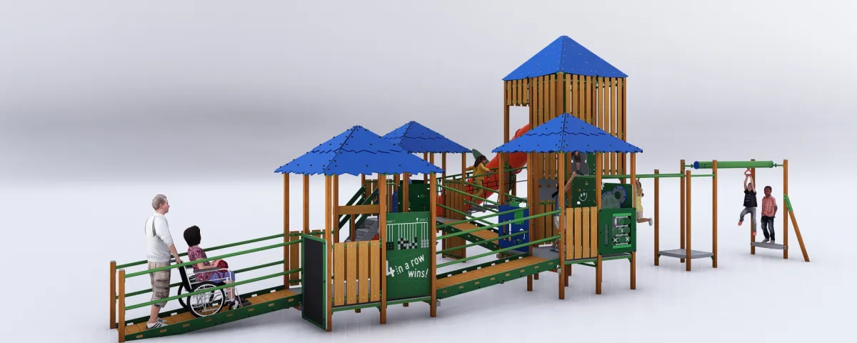 proposed new playground with ramps for  accessibility, undercover spaces and activity boards. As well as monkey bars and a slide.