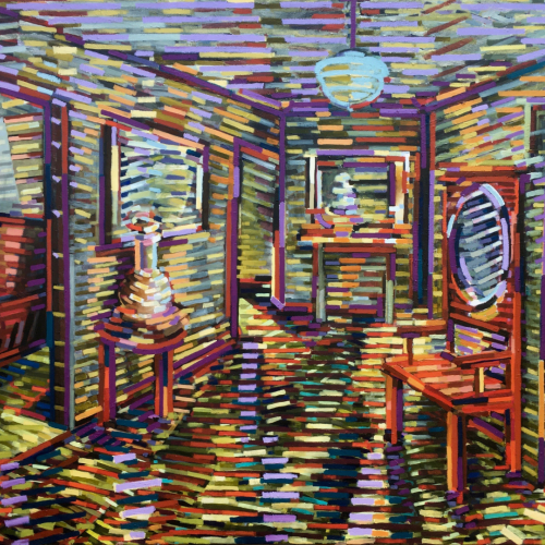 Painting of the interior of a room, with chairs, a table with a vase and a light hanging from the ceiling. The painting is made up of short lines which abstracts the image.