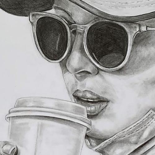 Graphite drawing of of a woman wearing a cap and sunglasses. She is drinking a takeaway coffee and has a mask pulled down under her chin.