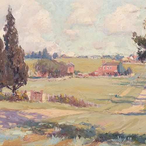 Painting of a landscape with houses surrounded by fields and trees