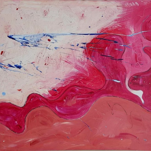 Painting by Donald Bate that is abstract with varying pink shades that swirl across a background with blue and white paint splattered across the canvas