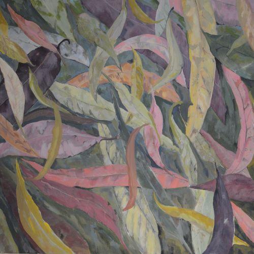 Gum leaves painted on a canvas in varied green and brown colours