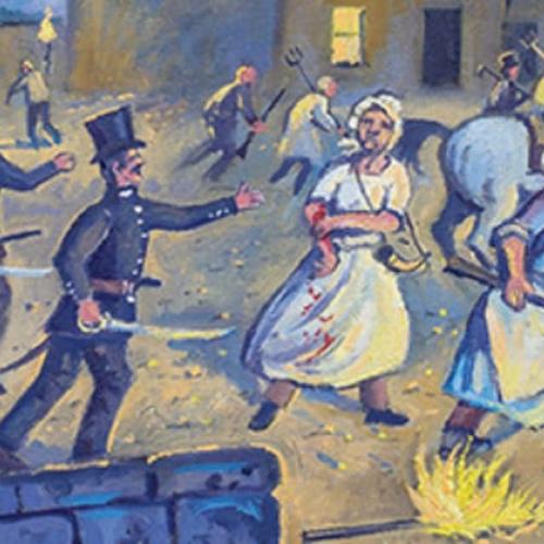 Part of the No Ordinary Convict book cover depicting an illustrated scene from the riots