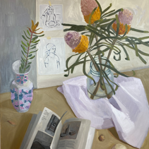 Painting flowers in vases and an opened book