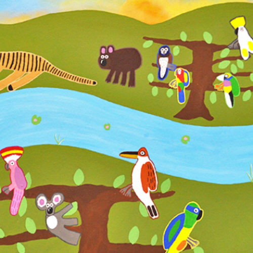 Paint artwork depicting a range of Australian animals on a green hill, separated by a river.