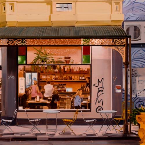 A painting of a cornerstore at night that has cafe style chairs and tables along the footpath, and people sitting at restaurant tables inside