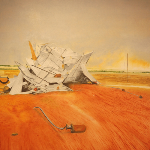 An artwork of a desert landscape featuring a large collapsed structure of corrogated iron on the red dirt