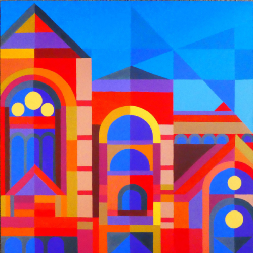 An artwork featuring geometric shapes that depict the front of buildings close together in bright blues, reds, and yellows