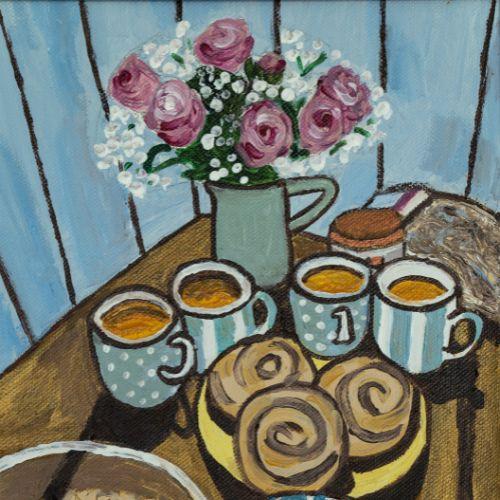 Painting of a kitchen table. The table features pink roses in a vase, four mugs of tea, a plate of pastries, a bowl of pistachios, and a smaller bowl for the pistachio shells.