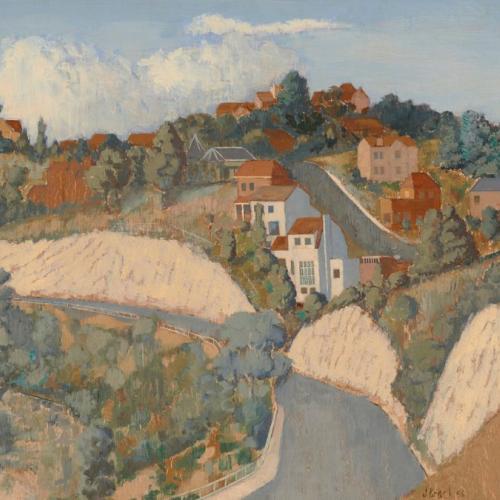 An oil painting of houses on a hill in Kew, above the Yarra River. The shrubby riverbank, and the road above it, wind around to the left. Above the road, white and clay-red houses line the streets of a hilly suburbia. Bushy trees are dotted all over the scene. Overhead, a blue sky with wispy clouds.