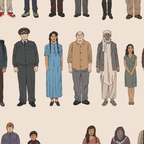 line drawings of people of different sizes, ages and genders arranged in rows