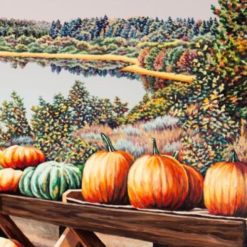 An artwork featuring green and orange pumpkins lined along a table. In the background a road leads off into the distance surrounded by trees. 