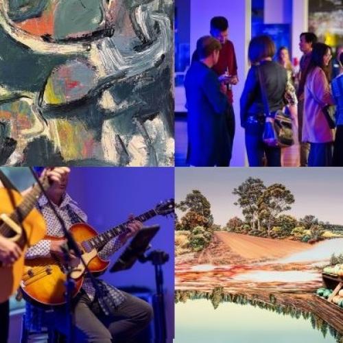 A collage of images including people gathered in a gallery, an abstract painting, a painting of the countryside and 2 people playing guitar