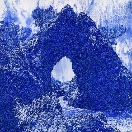 image of blue and white watercolour painting featuring rock formations on a coast, trees and sky