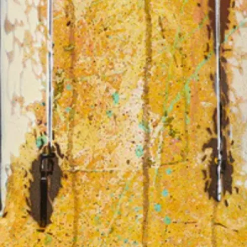 Acrylic and aerosol painting of a women leaning out a window on her phone taking a picture of 2 cockatoos on a power line.