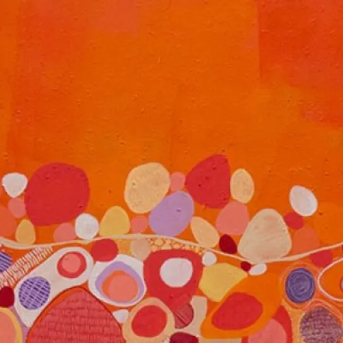 The painting features a vivid red-orange sky above an undulating landscape of circular and oval shapes in pink, peach, yellow, and purple. These forms are outlined with fine lines and filled with patterns like concentric circles and dots. The composition has a rhythmic, layered arrangement creating depth and movement.