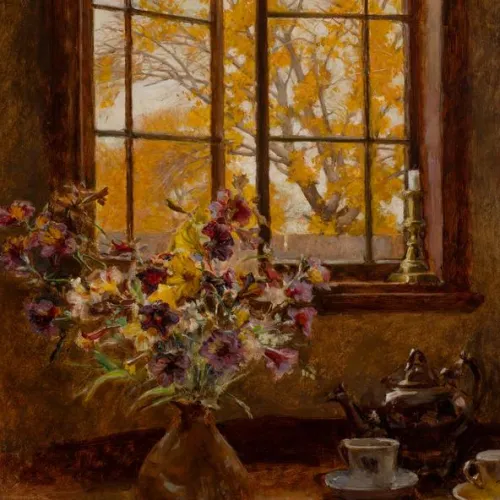 A painting of a warm interior scene with a vase of colourful flowers, a tea pot and some mugs on a table. The wooden window above the table is slightly ajar, leading out to a tree with bright autumn leaves.