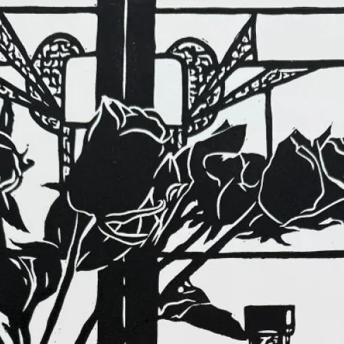 A black-and-white print depicting a still life on a windowsill with a vase of roses on the left, a bottle at the centre, and two drinking glasses on the right. The window frame and decorative panes visible behind the objects.