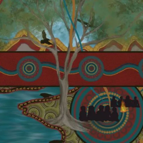 An artwork combining painted and patterned elements: a large tree stands at the centre, with silhouetted birds flying across a cloudy blue sky and mountain shapes in the background. Circular motifs with dot patterns appear throughout, including a large one in the upper left and another near a group of silhouetted figures gathered around a fire at the lower right. A winding blue waterway bordered by patterned land fills the lower section.