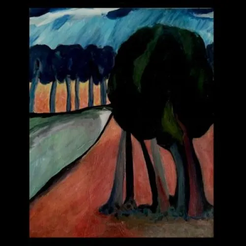 A stylised landscape painting showing a row of dark blue trees along a path on the left and a cluster of large, dark green trees in the foreground on the right. The ground is painted in warm reddish tones, and the sky is streaked with blue and white brushstrokes.
