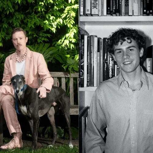 Two side by side images. First image is a person wearing a pink suit sitting next to a dog. Second image is a black and white image of person smiling at camera standing in front of bookshelf.