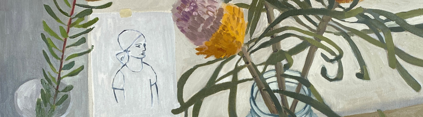 An oil painting on canvas, featuring a banksia flower in a vase and a drawing of a person