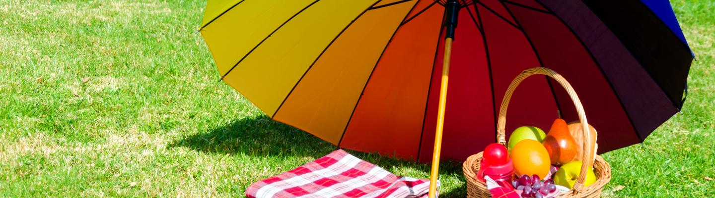 A rainbow umbrella on the ground over a fruit basket and folded picnic blanket on a sunny day