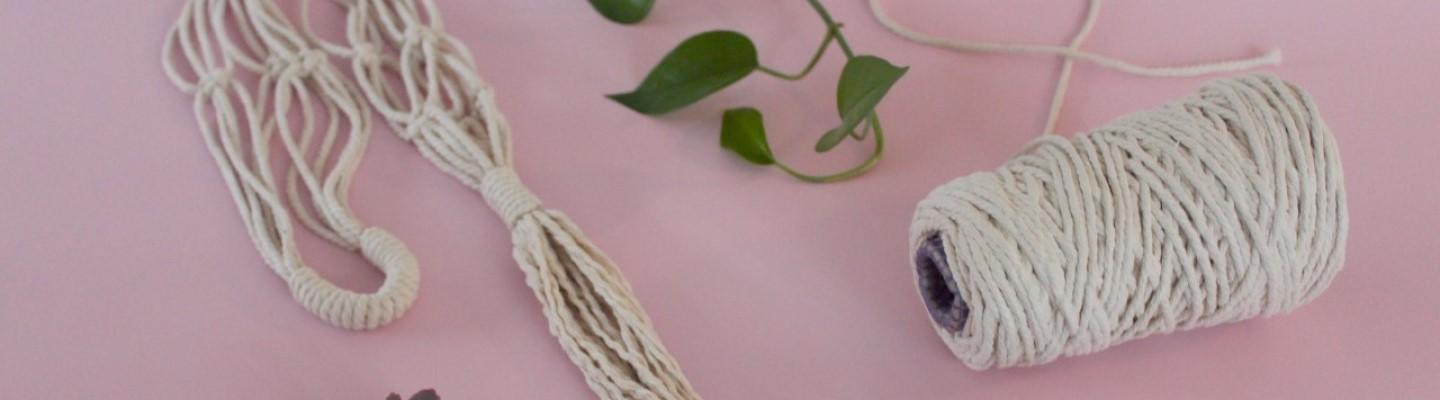 A knotted rope with a roll of rope and plant in the background