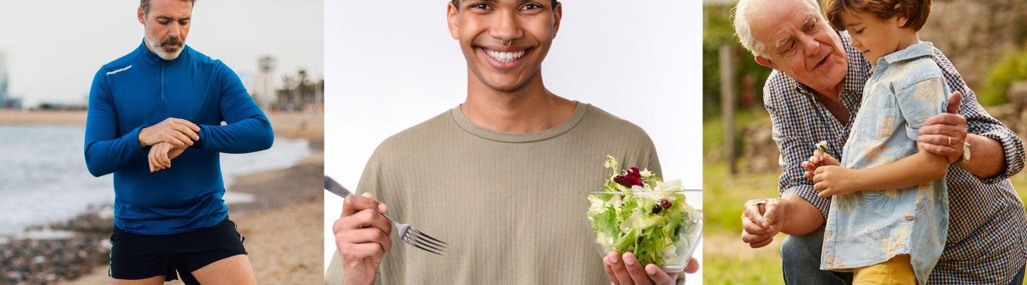 3 images, the first of a man on a beach wearing athletic clothes, the second a man holding a salad and a fork and smiling, and the third a child who is being spoken to by an older man