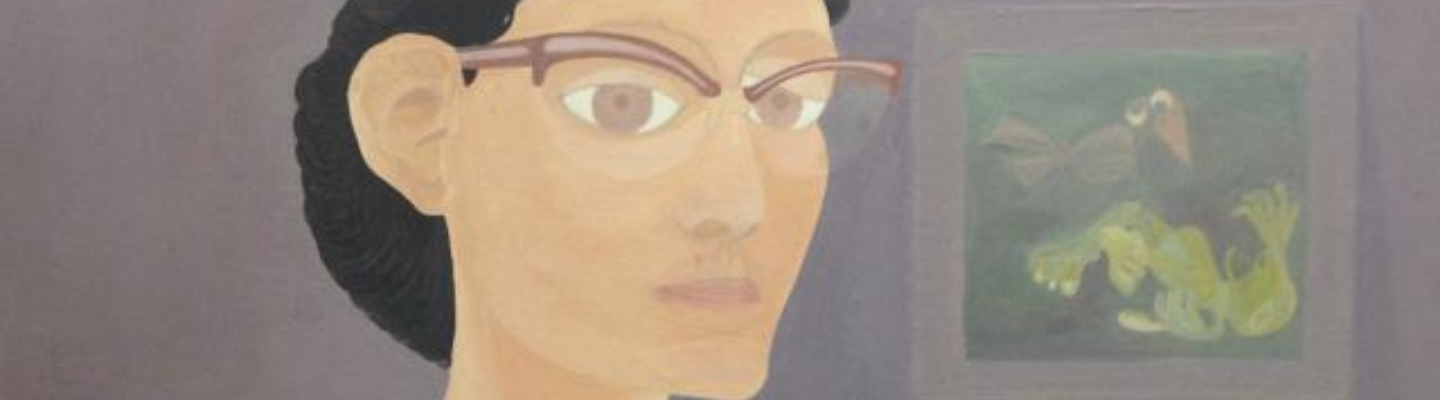 Painting of a white woman wearing glasses. Her dark hair is up in a bun. 