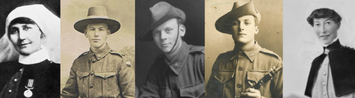 5 old fashioned photos of 3 miltary men and 2 nurses