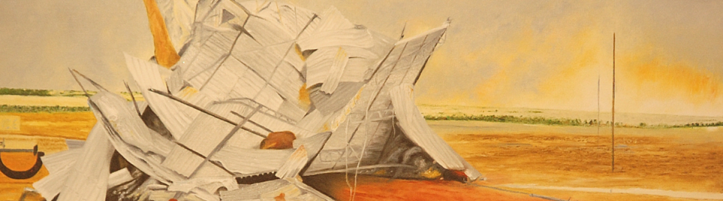 Paint artwork depicting pile of corrugated iron on red dirt, with yellow sky on horizon.