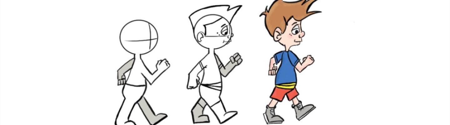 A cartoon version of a boy from start to finish of the drawing
