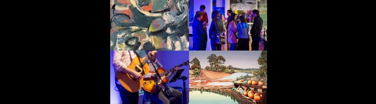 A collage of images including people gathered in a gallery, an abstract painting, a painting of the countryside and 2 people playing guitar