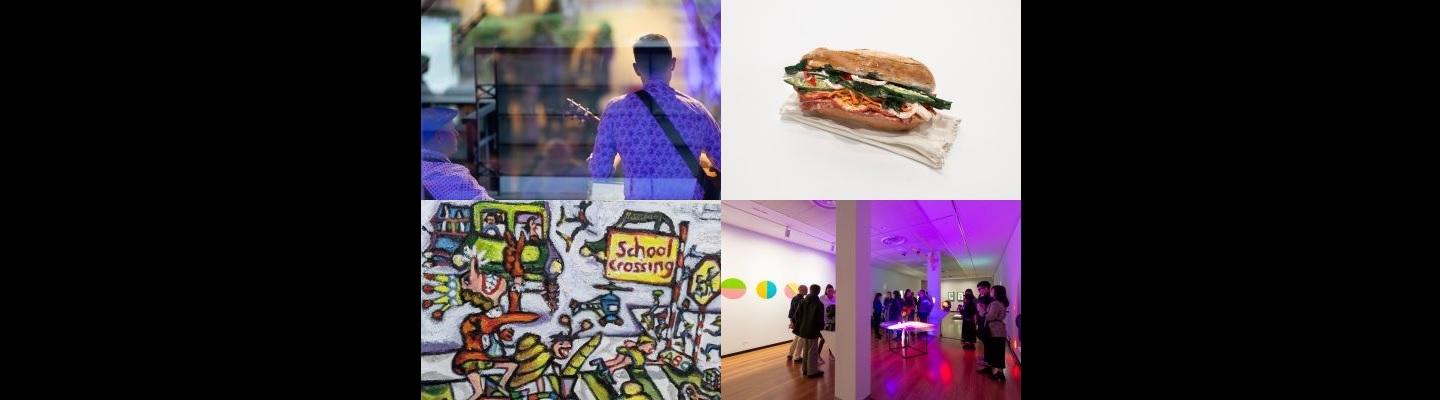 A collage of images including a sandwhich, a person playing guitar, street art and people gathered in a gallery.