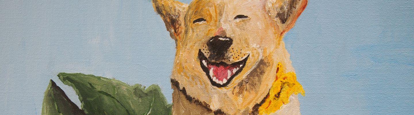 painting of a very happy golden dog sitting next to a plant with large leaves