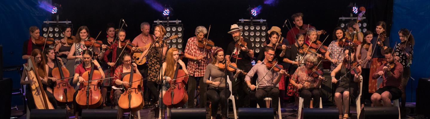 a large group of people on stage with various string instruments, violins, cellos and a harp
