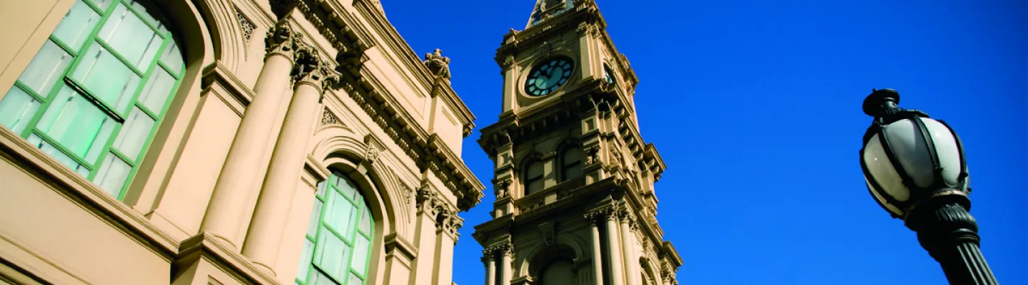 spire and front facade of a historic building
