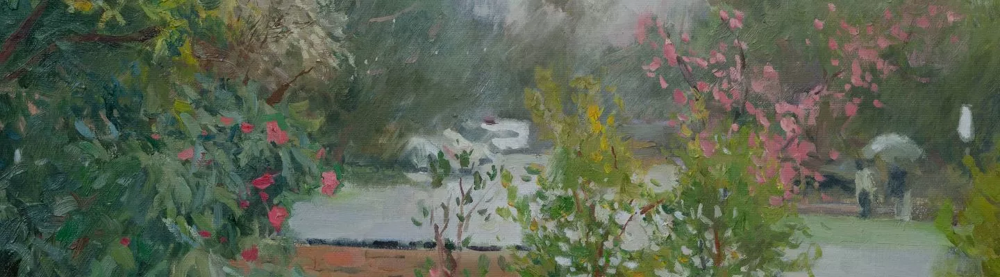 Image of oil painting featuring trees and flowers in a front garden with a street in the backgound