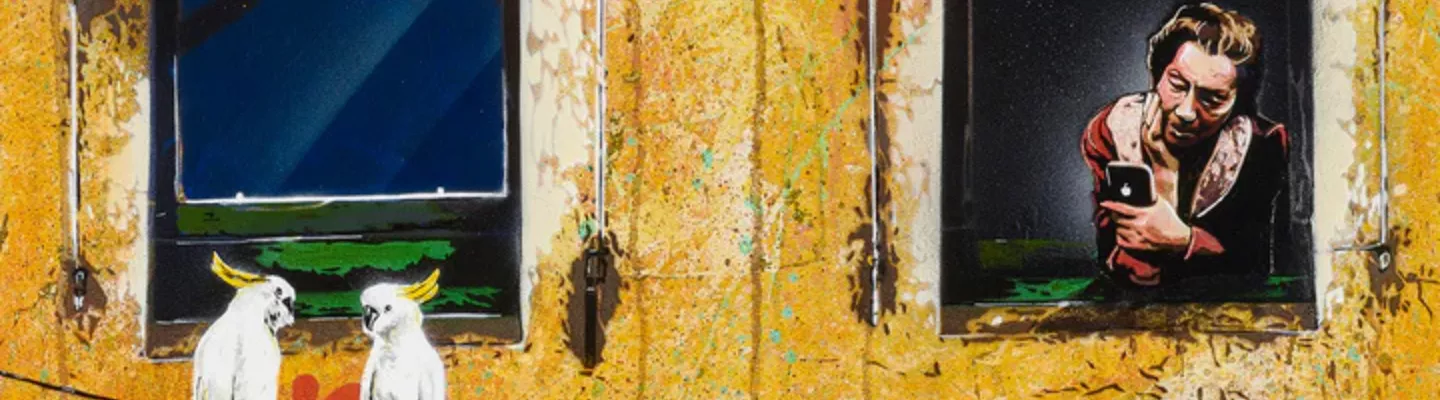 Acrylic and aerosol painting of a women leaning out a window on her phone taking a picture of 2 cockatoos on a power line.
