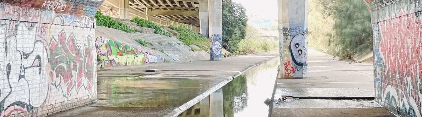 The image depicts an urban underpass with concrete pillars and brick walls covered in colorful graffiti. A narrow water channel runs through the scene, reflecting the surrounding structures. Lush greenery grows along the sloped embankments, contrasting with the industrial architecture. Sunlight filters through, casting soft light on the walkway and graffiti-covered surfaces.