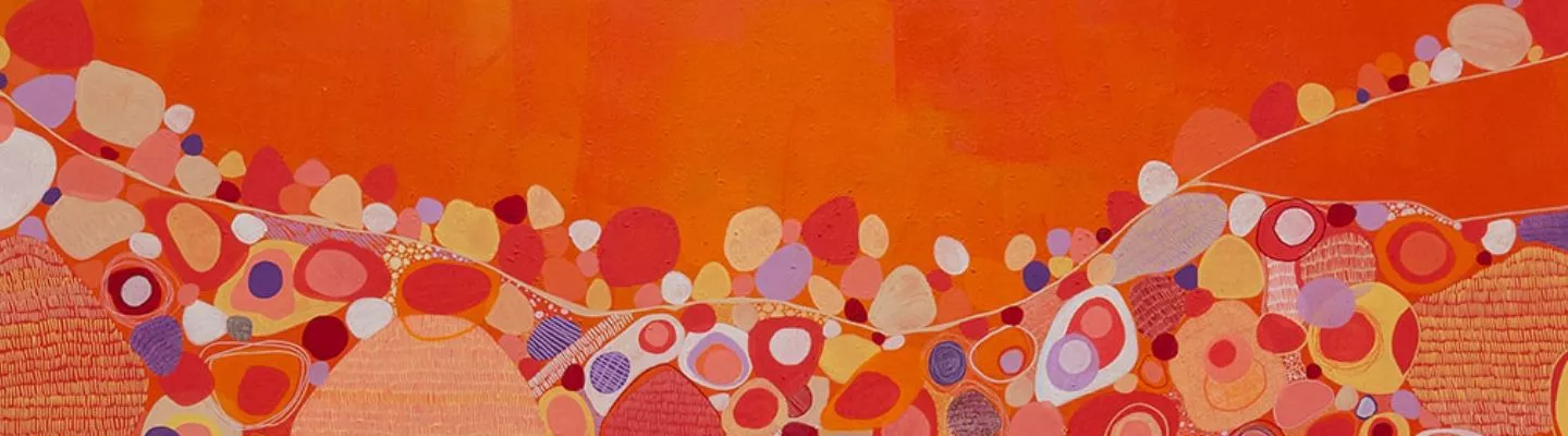 The painting features a vivid red-orange sky above an undulating landscape of circular and oval shapes in pink, peach, yellow, and purple. These forms are outlined with fine lines and filled with patterns like concentric circles and dots. The composition has a rhythmic, layered arrangement creating depth and movement.