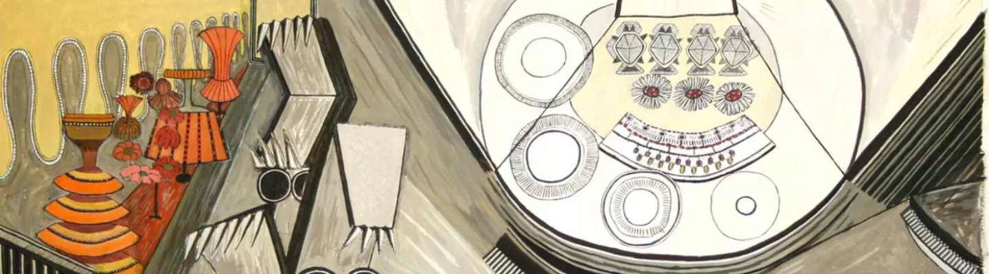 A semi abstracted painting in greys and orange that is reminiscent of a restaurant. Featuring a chandelier, plates and tables and chairs.