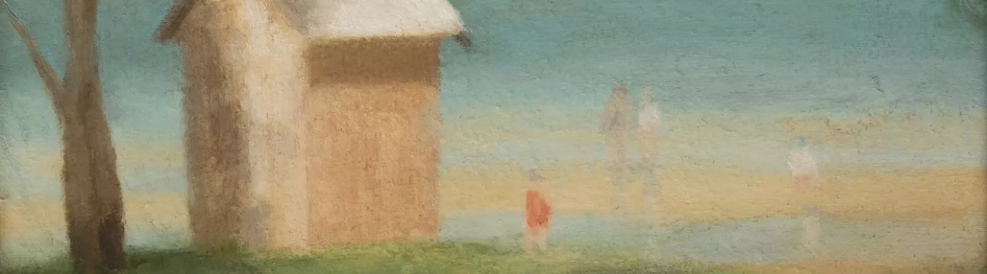 A serene coastal painting featuring a small beach hut near the water, framed by trees. The hazy sea and sky blend softly, with faint figures along the shore, evoking a tranquil, timeless mood.
