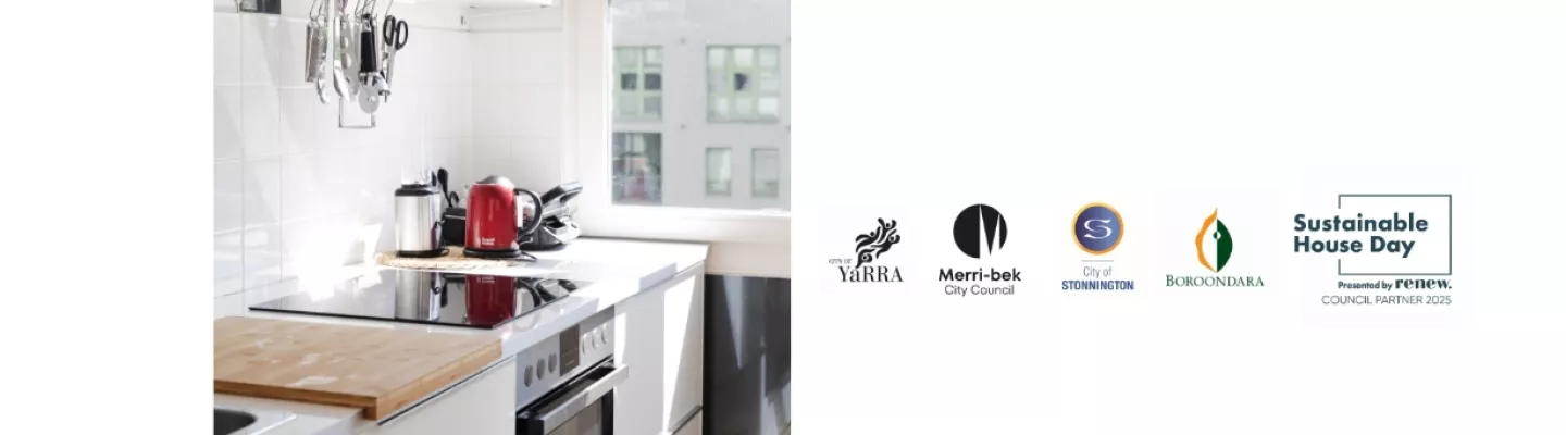 A kitchen image sits on the left side. Logos for City of Yarra, Merri-bek City Council, City of Stonnington, City of Boroondara and Sustainable House Day.