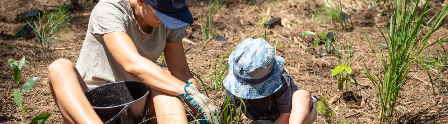 A woman and young child planting.