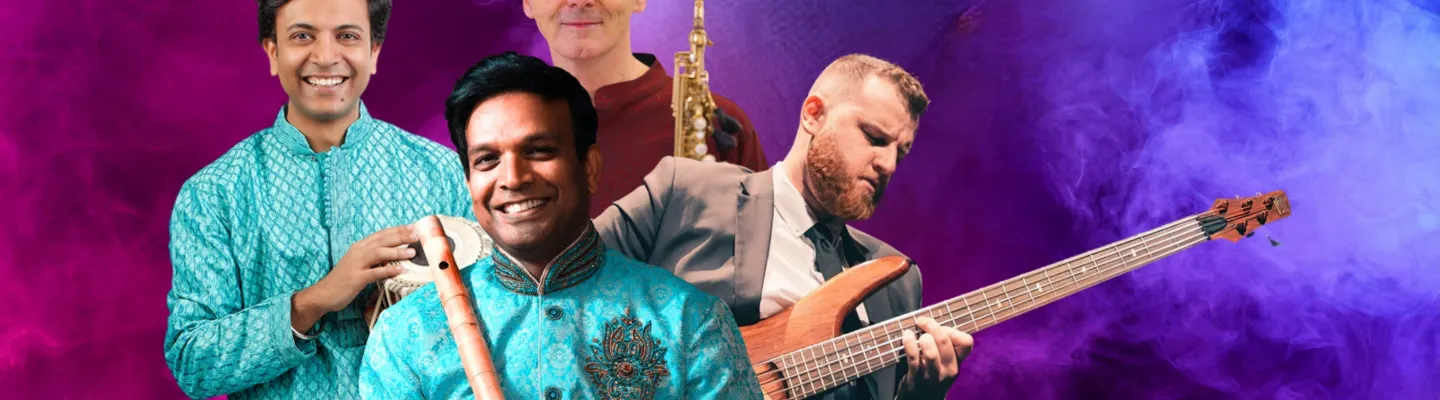 4 people against a smokey background. They are a combination of Indian and caucasian, holding traditional Indian instruments, a saxophone, and a guitar.