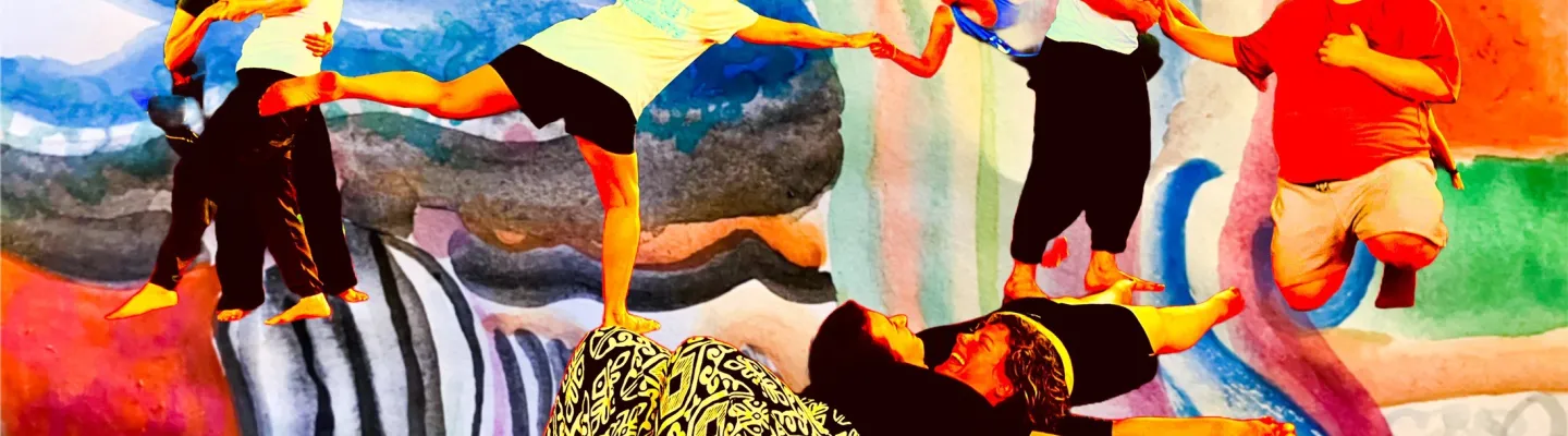 On a colourful painted backdrop, pairs of people are dancing.