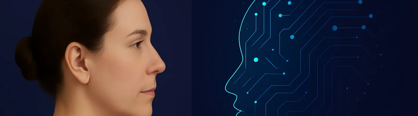 A woman's face in profile faces a pixellated computer-generated face in profile