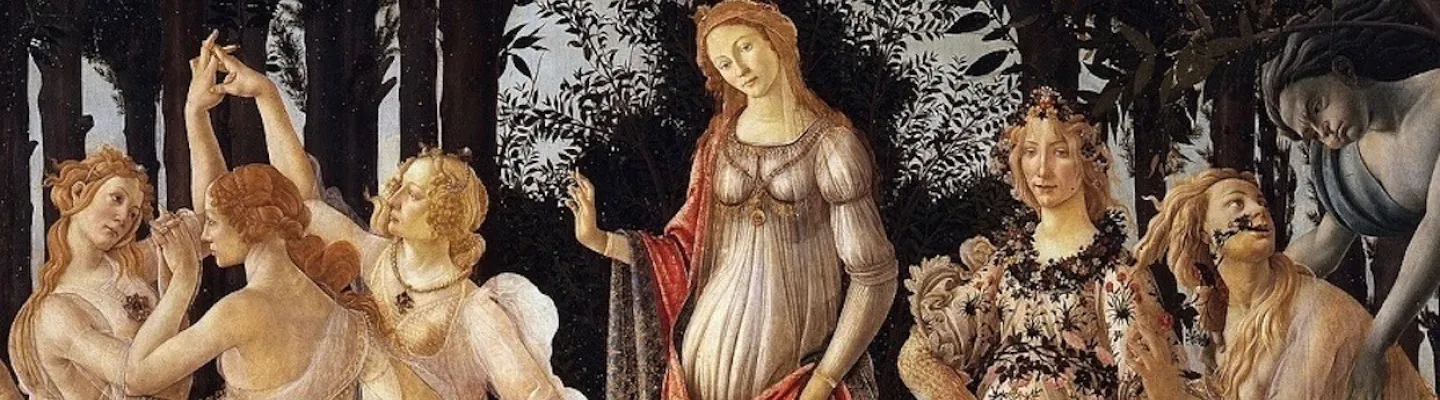 A medieval painting of a round-bellied woman surrounded by people